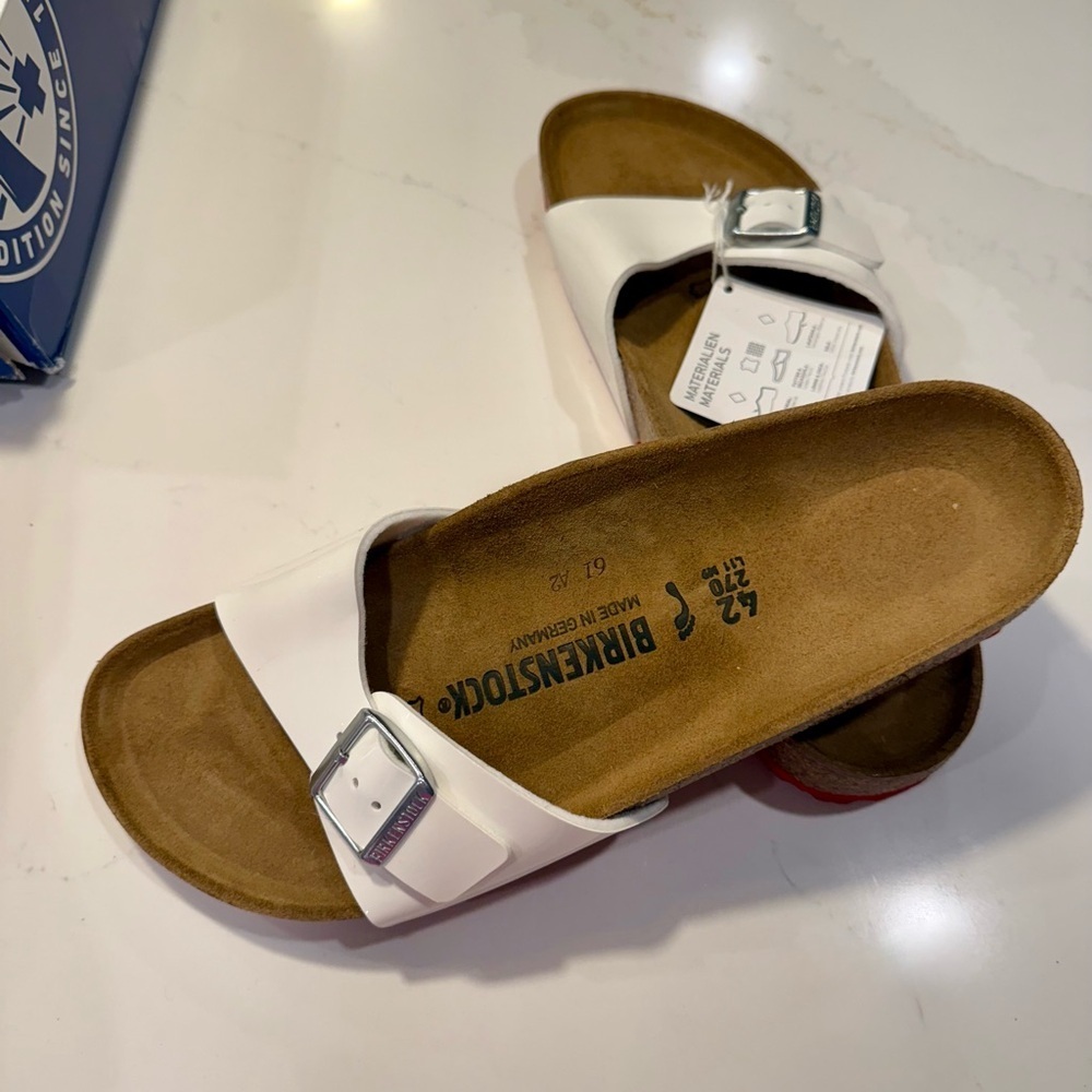 Birkenstock Madrid White Sandals with Red Soles and Silver Buckle NWT SZ 11 - Picture 8 of 10